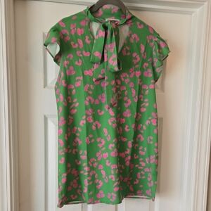First Love Green and Pink Tie-Neck Animal Print Cap Sleeve Top